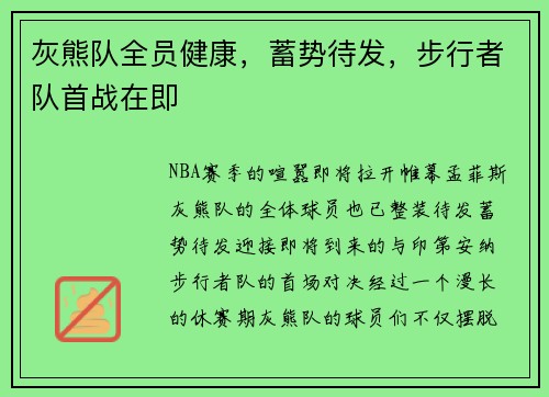 灰熊队全员健康，蓄势待发，步行者队首战在即